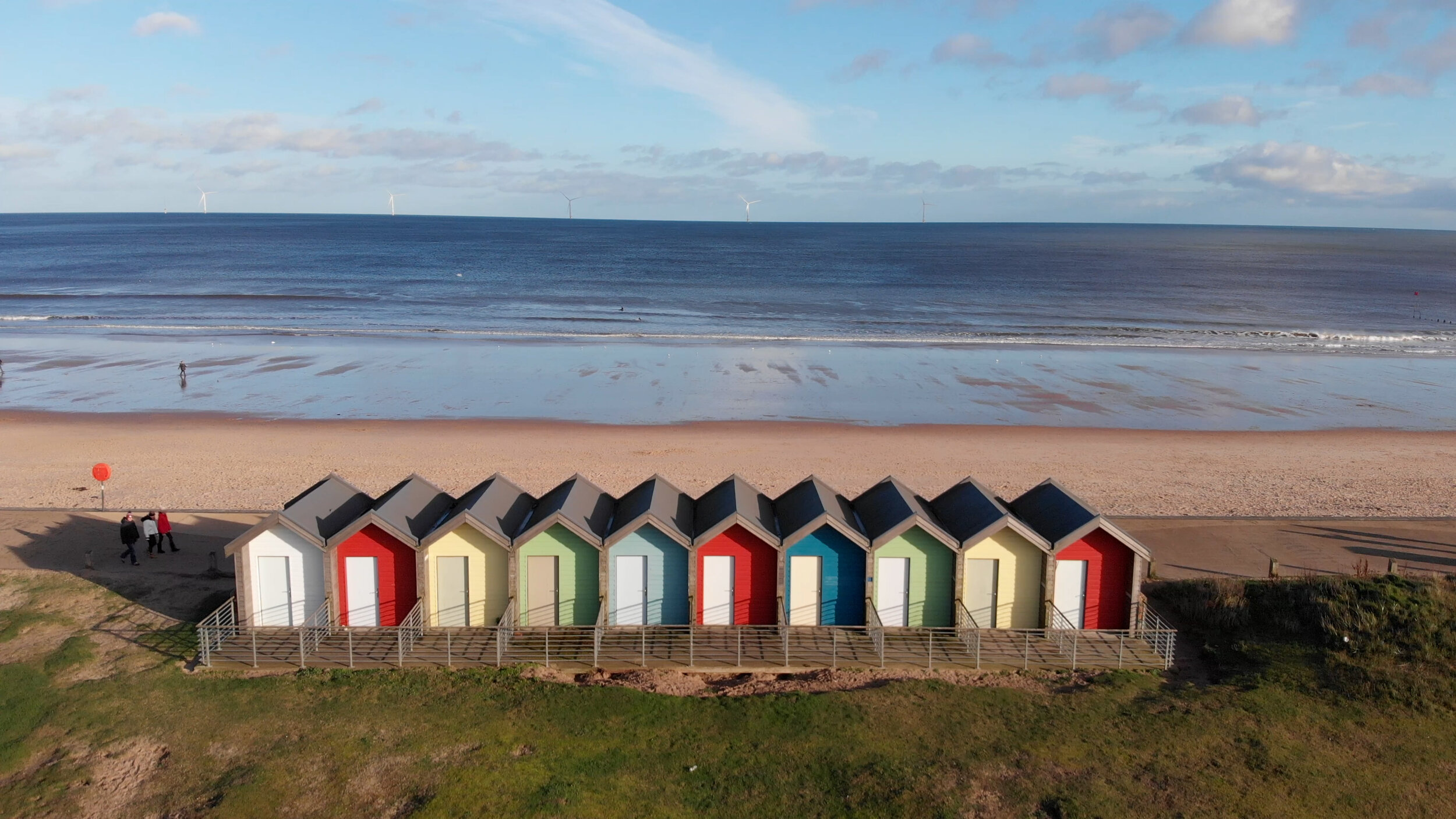 Blyth beach huts landscape from drone