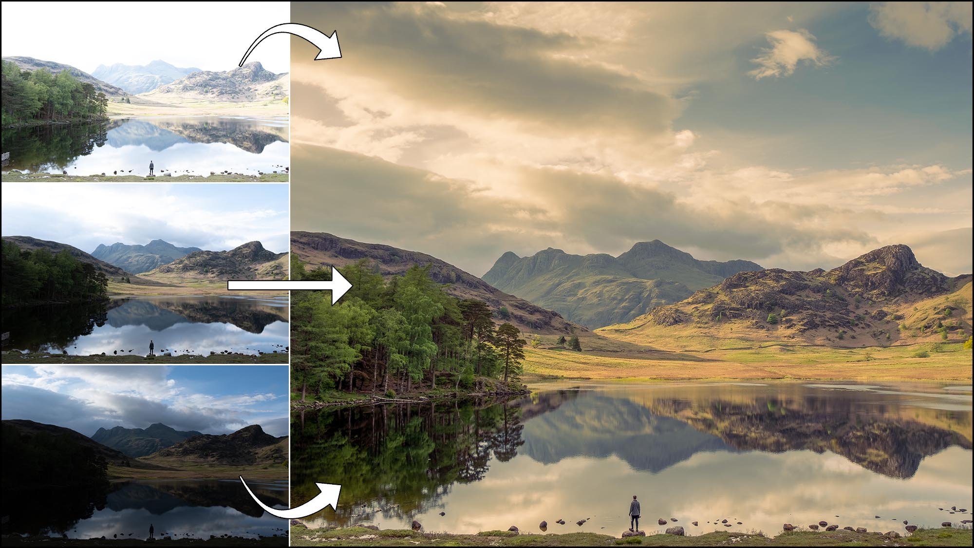 Mountain and lake with person, created in Photoshop using HDR feature