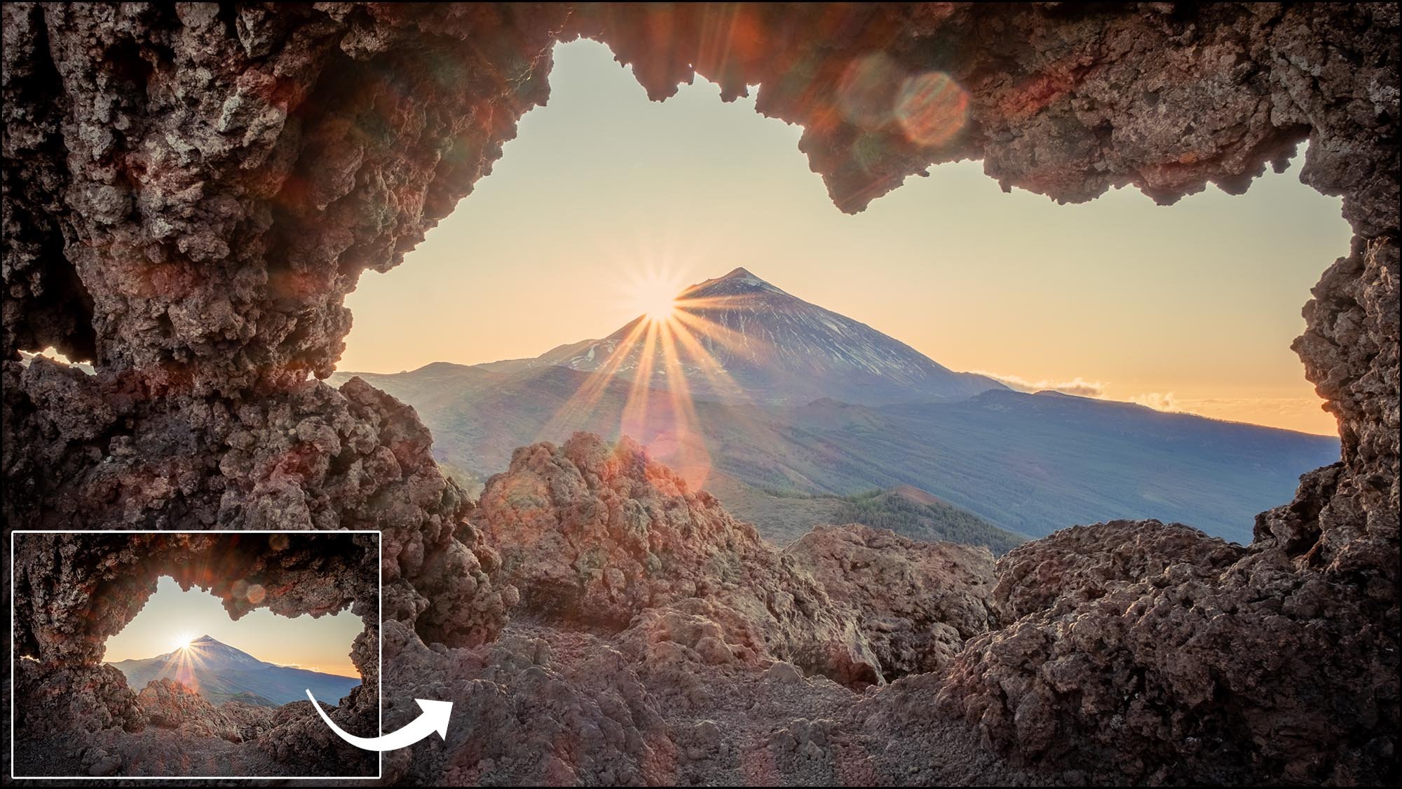 Sunset over mountain fixed in Photoshop