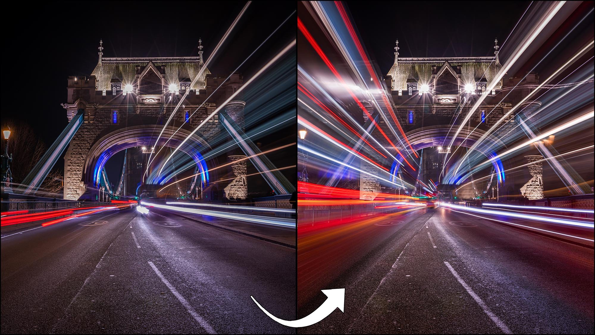 before and after edit of light trail photography edit