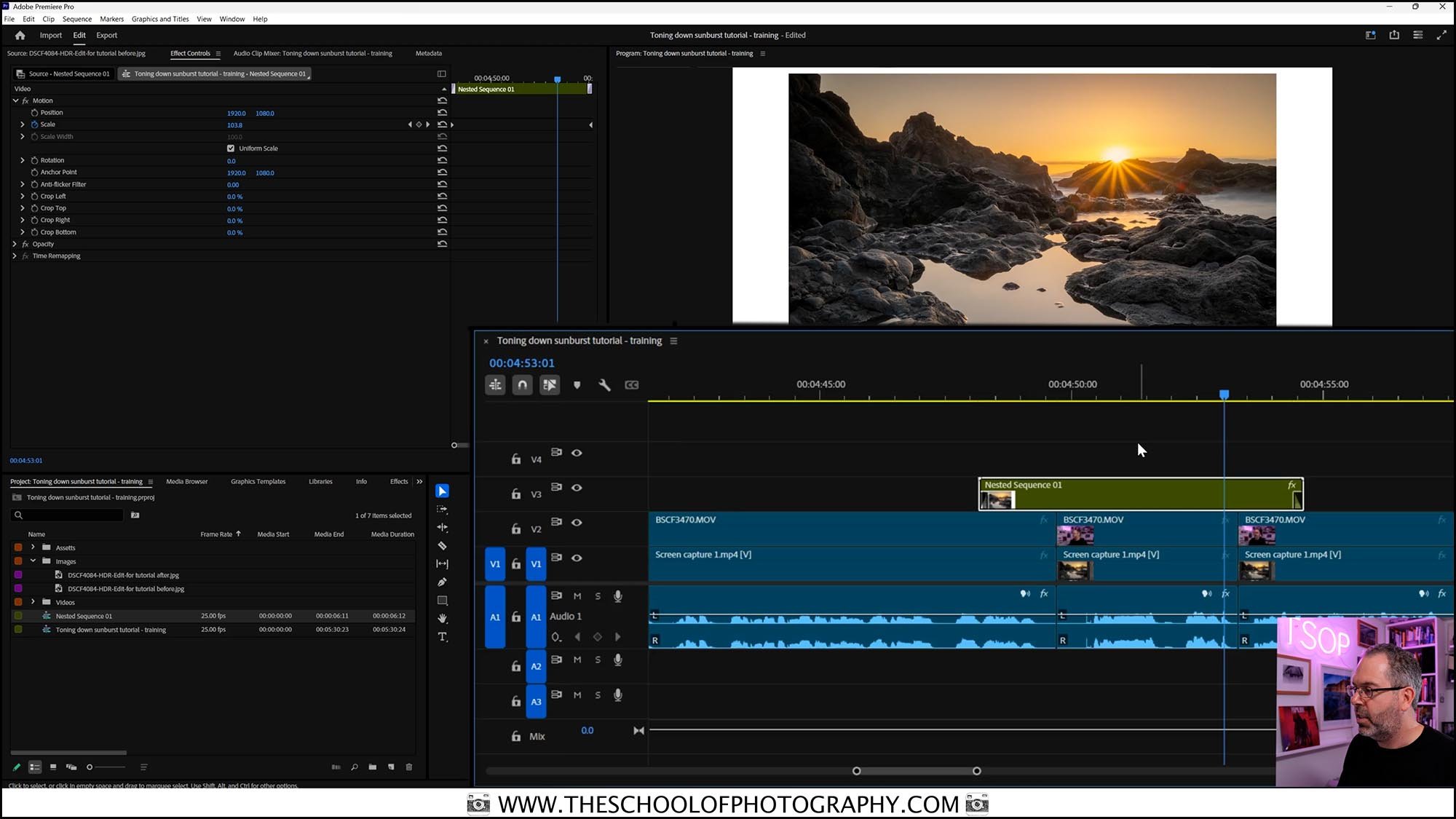 Adobe Premiere Pro editing timeline showing colour grading adjustments to a sunset landscape image during a home studio content creation lesson