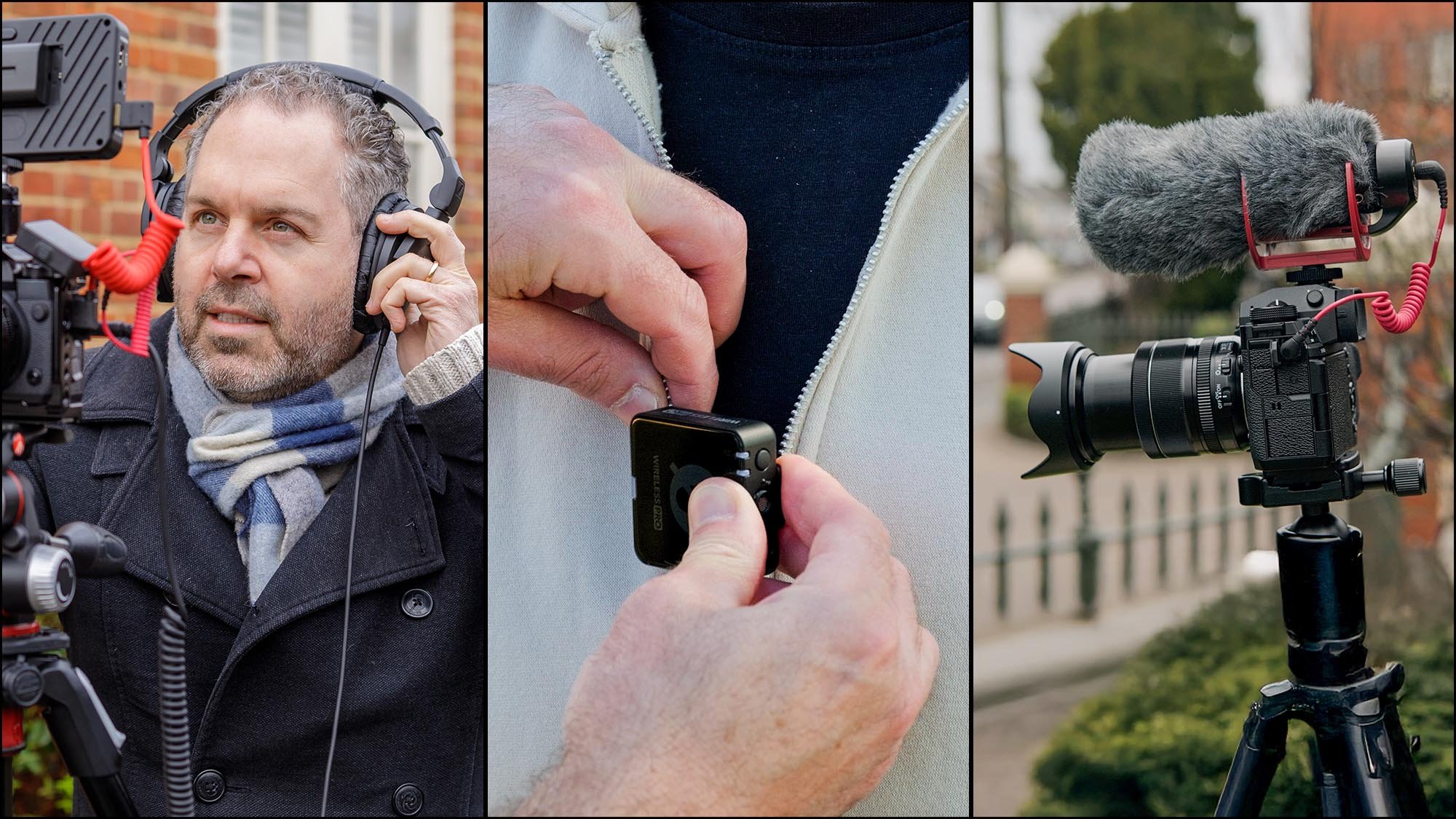 Videography sound setup showing instructor monitoring audio with headphones, attaching a wireless mic transmitter, and using a camera-mounted shotgun microphone on a tripod