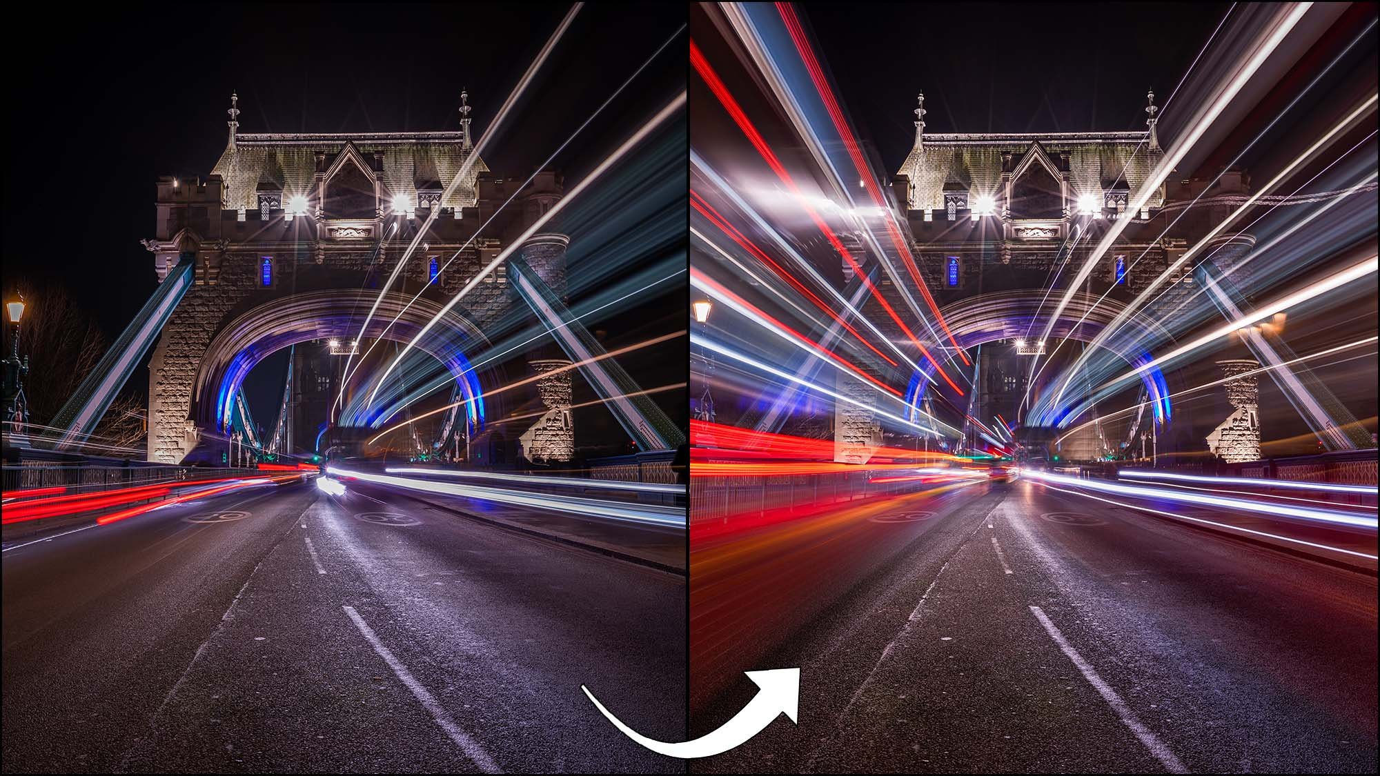 Image of Tower bridge before and after being edited