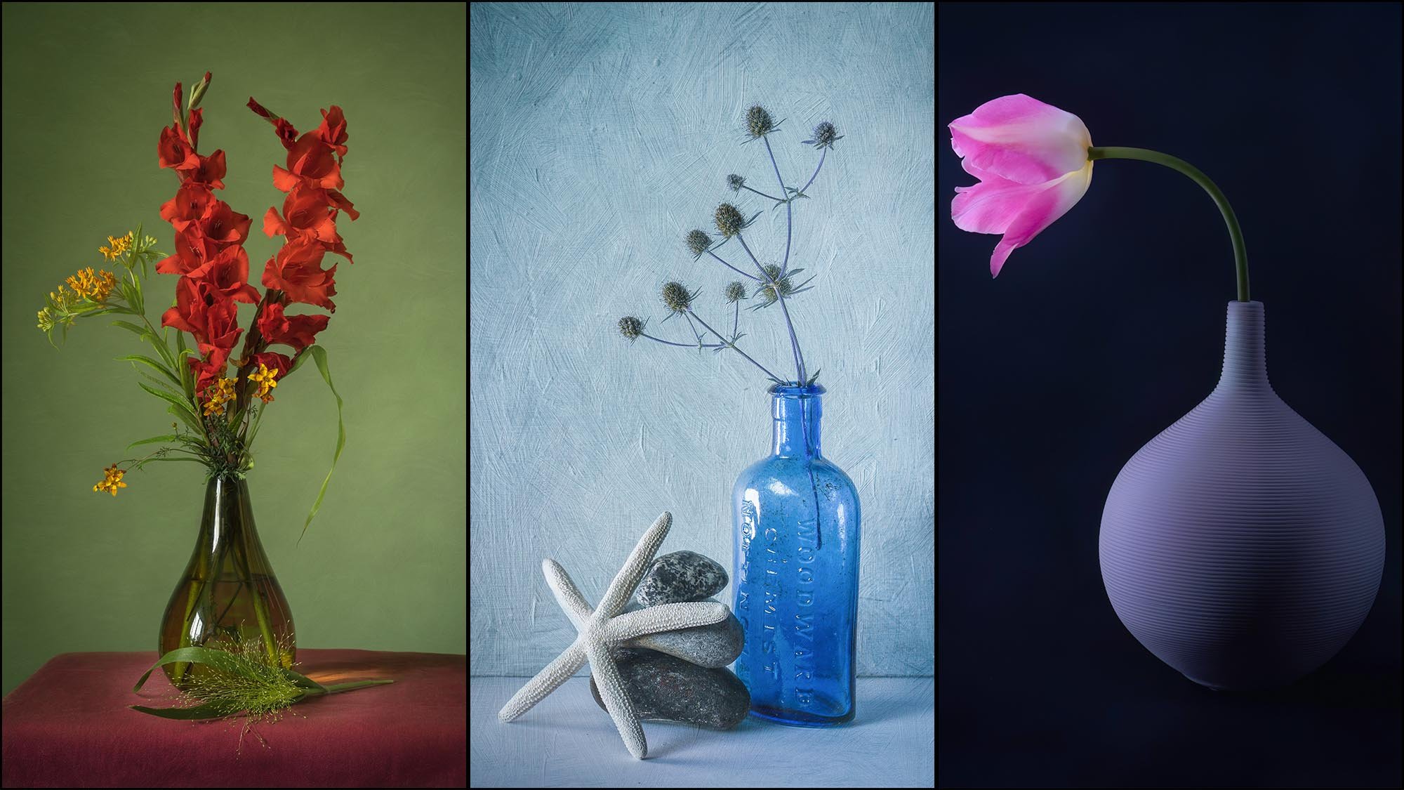 Still life photography triptych: gladioli in glass vase, blue bottle with thistle and starfish, pink tulip flower.