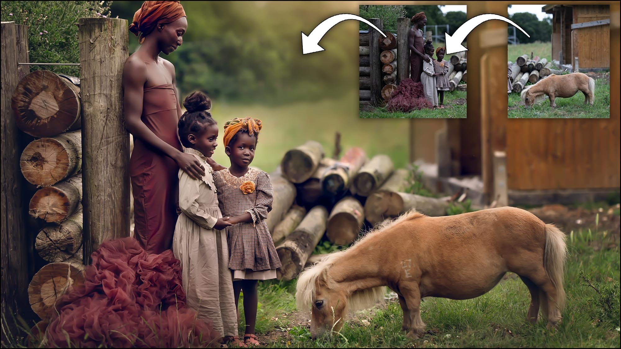 Edited family portrait showing Woman, two children and pony