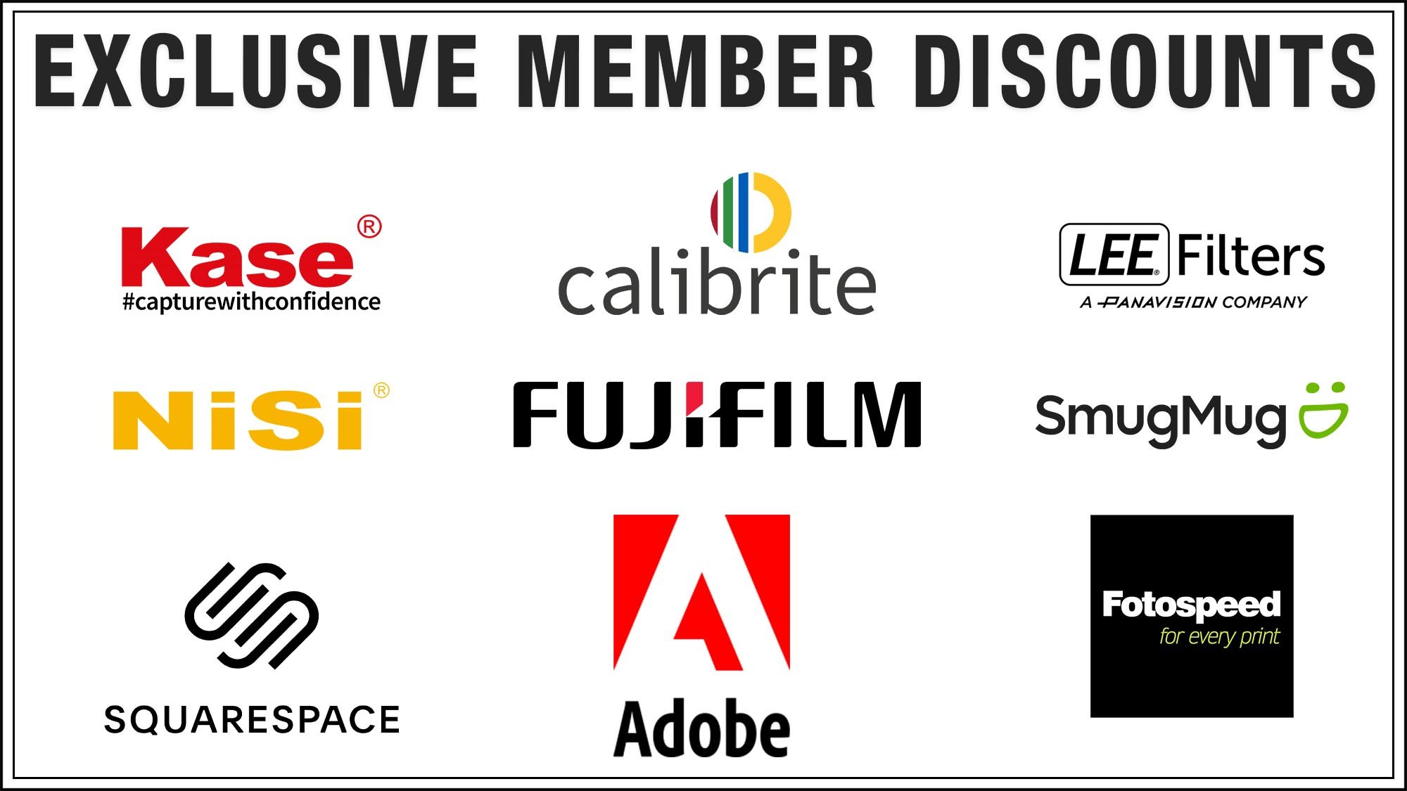 Logos for Kase, Calibrite, LEE Filters, NiSi, Fujifilm, SmugMug, Squarespace, Adobe, Fotospeed.