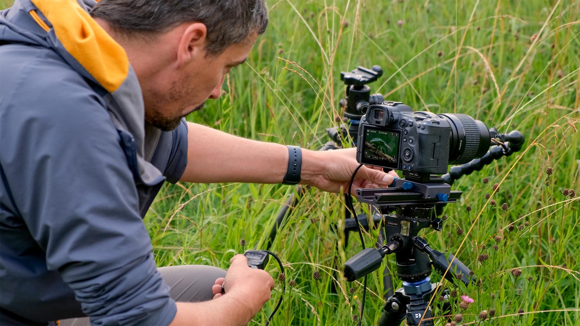 Man doing macro photography in grass