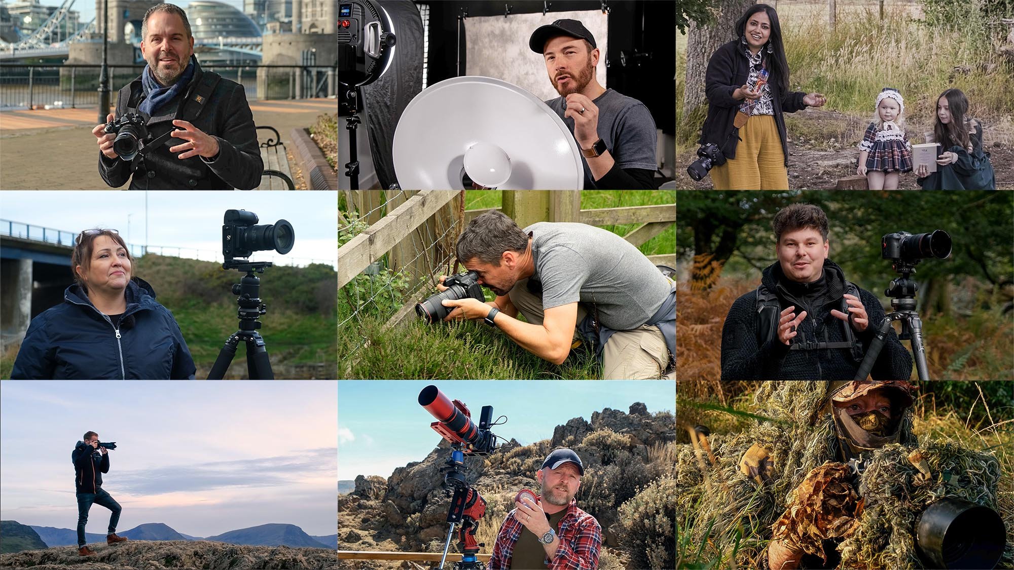 Collage of photographers in diverse settings showcasing different photography styles.