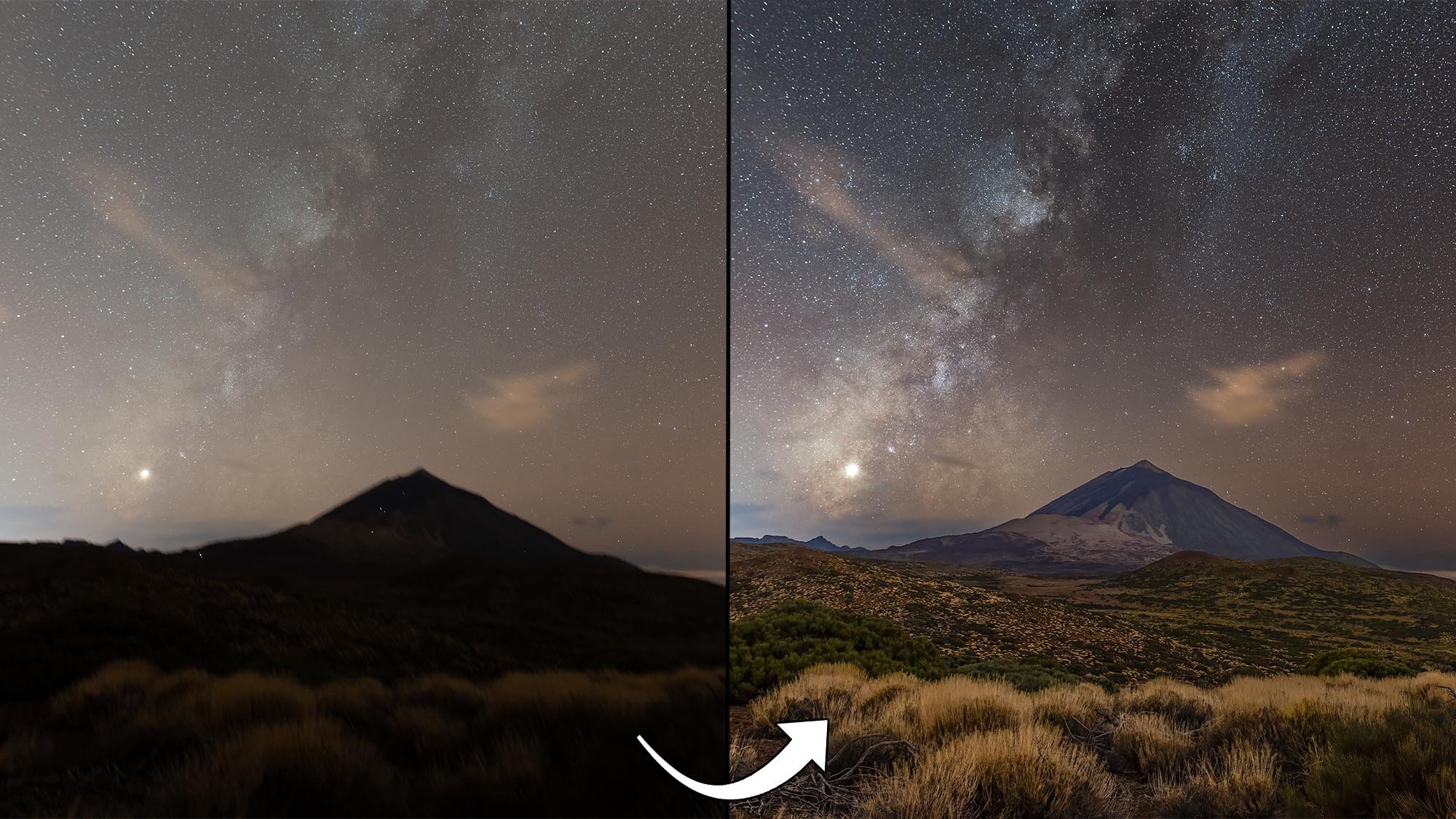 The Milky Way over mountain before and after edit