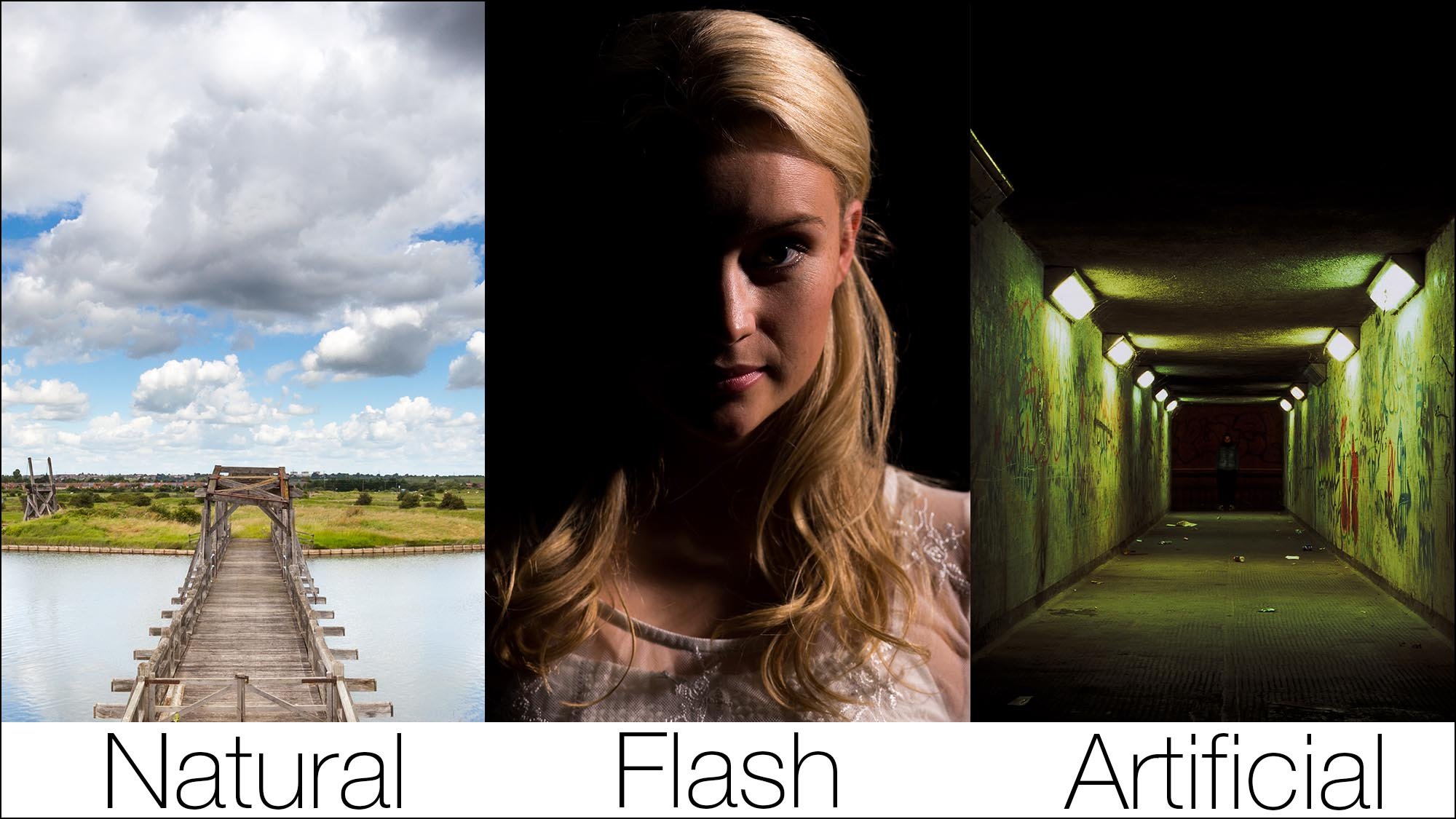 Image showing the difference between natural, flash and artificial light sources in photography