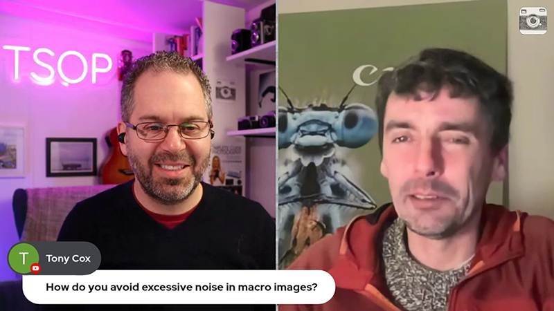 Two men discussing photography topic on a live Q&A.