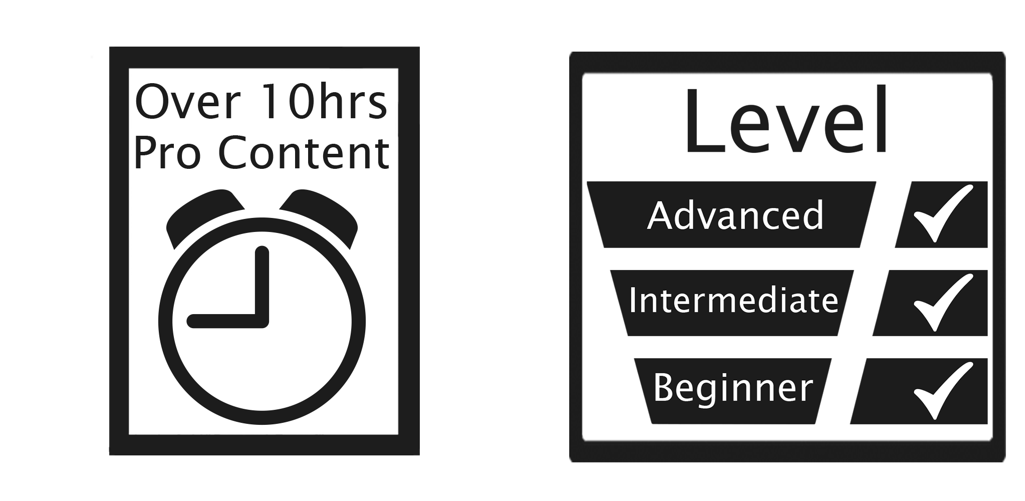 Videography course graphic showing the hours of content in the course and level of videographer